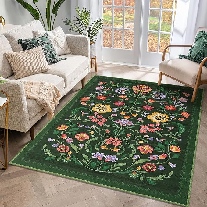 GarveeHome Washable Rug 3x5 Area Rugs for Living Room, Floral Rug for Bedroom, Soft Boho Non Slip Throw Rugs with Rubber Back, Low Pile Stain Resistant Vintage Floral Carpet for Dining Room, Green