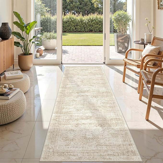 Rug Runners for Hallways Non Slip - 2x8 Runner Rug for Bedroom, Washable Runner with Rubber Backing, Soft Low-Pile Carpet for Kitchen, Laundry, Bathroom (2'x8', Beige/Ivory)