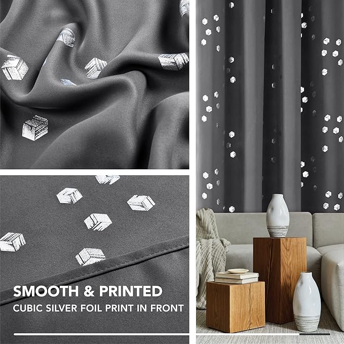 Deconovo Designer Series Silver Cubic Print Blackout Curtains for Living Room Bedroom Sliding Glass Door, Thermal Insulated Soundproof Window Drapes, Dark Grey, 52W x 95L Inch, 2 Panels