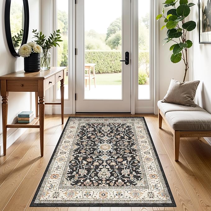 Washable 3x4 Entryway Runner Rug - Non-Slip Rugs for Kitchen Bedroom Beside Laundry Room Hallway Bathroom Soft Low-Pile Stain Resistant Pet & Kids Friendly Floor Carpet (Black, 3X4)