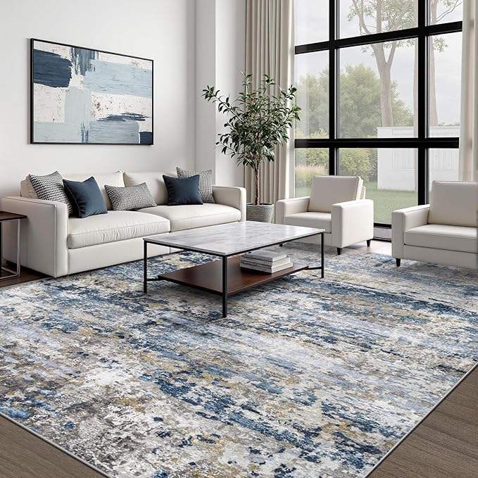 pmtsns Area Rugs 9x12 for Living Room: Washable Rug Modern Abstract Neutral Soft Non-Slip Low-Pile Indoor Large Carpet for Bedroom Dining Room Playroom Home Office (Blue Grey Brown, 9'x12')