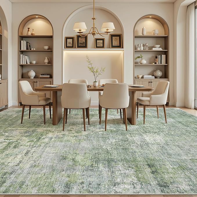 10x14 Area Rugs for Living Room, Non Slip Machine Washable Vintage Rugs, Low Pile Lightweight Large Rug for Bedroom, Dining Room, Home Office Green/Ivory