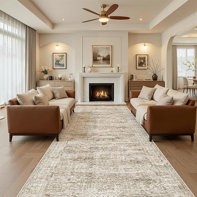 4x12 Wide Hallway Runners: Washable 12ft Runner Rug for Entryway Living Room Soft Vintage Non Slip Carpet Runner for Kitchen Dining Room Nursery Bedroom (Brown, 4x12ft)