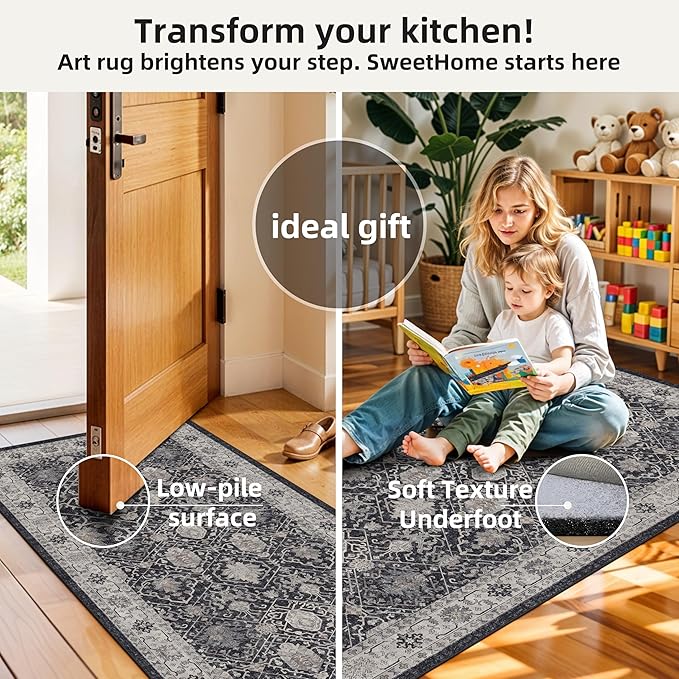 Kitchen Sink Rugs Set 0f 2: Washable Non-Slip Hardwood Floor Mat for Stove Dishwasher Fronts Soft Stain Resistant Carpet for Cooking Area & Fridge Boho Home Decor for High Traffic Area(2x3+2x4,Black)