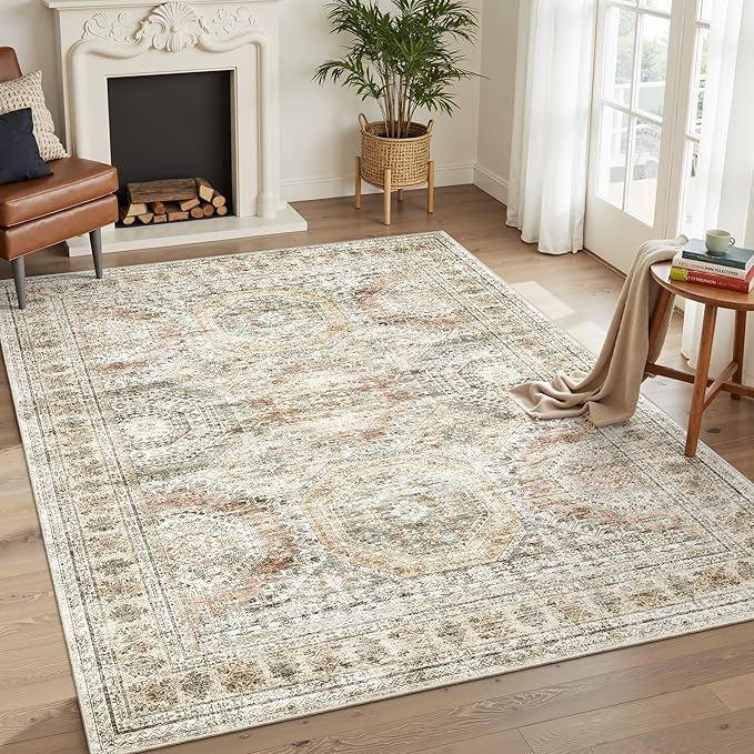 Soalmost 5x7 Area Rugs Brown Pink Low Pile Indoor Washable Trendy Faded Style Rugs for Bedroom Living Room Dining Room Foldable Non-Slip Thin Print Mat