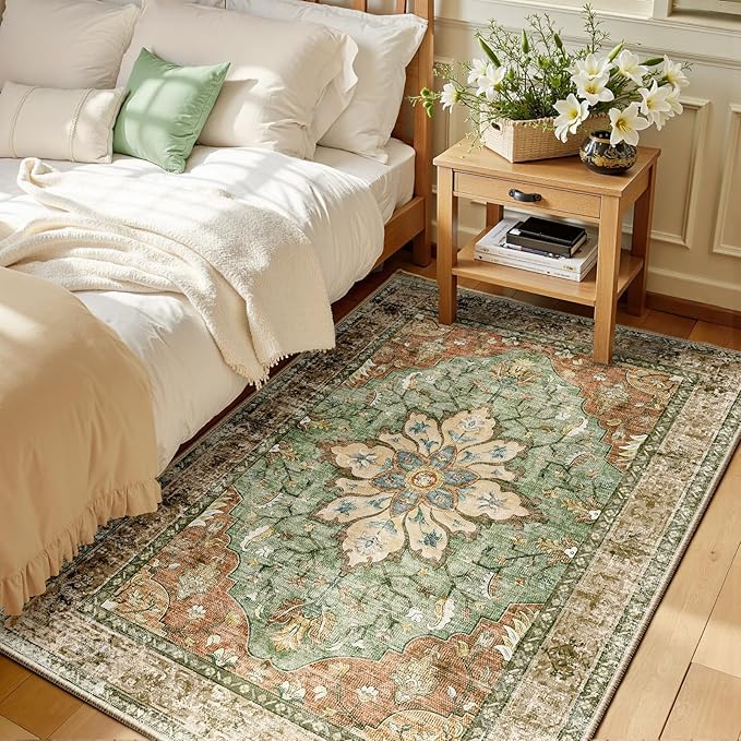 RELEANY Area Rugs 3'x5' Washable Non-Slip, Floral Vintage Distress Print Pattern Medallion Carpet for Living Room Bedroom Dining Room, Brick Red Rust Neutral Brown Burnt Orange Green