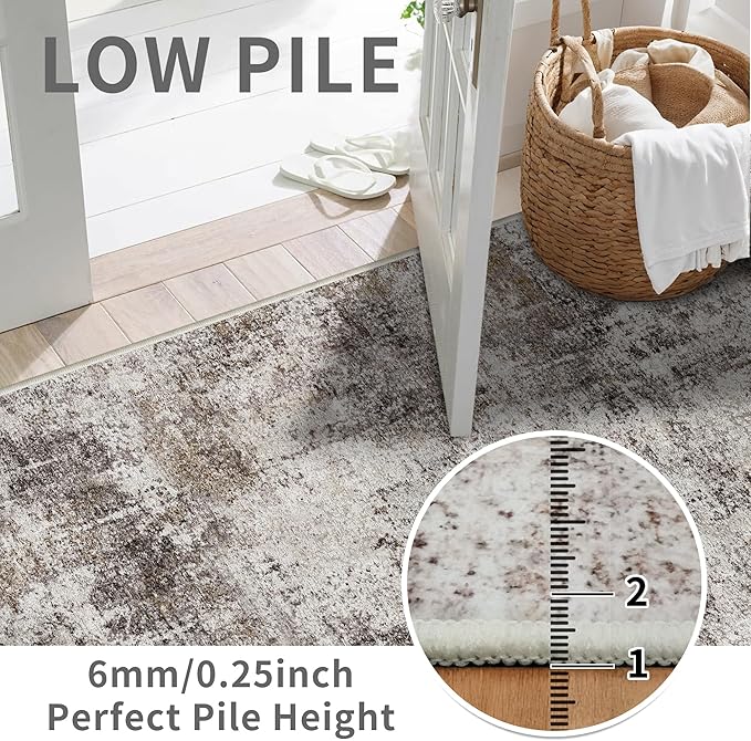 3x6 Washable Entryway Runner Rug: Non Slip Wide Hallway Runners Easy-to-Clean - Soft Living Room Bedroom Kitchen Carpet - Thin Low Pile Printed Floor Mat for Dining Room Beige Brown