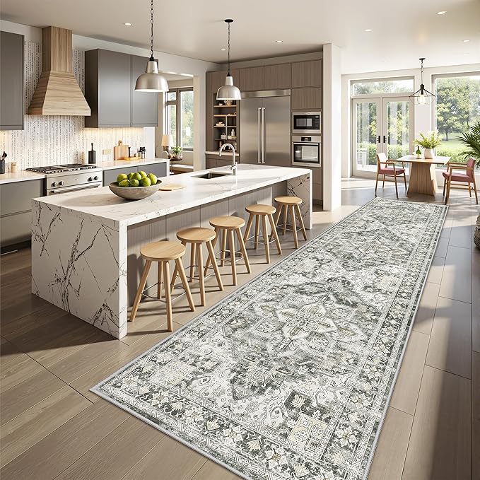 Kitchen Runner Rug Non Slip Washable 2.5x10, Soft Ultra-Thin Entryway Rug Runners for Hallways, Carpet Runner for Living Room,Kitchen, Laundry, Bathroom(Grey/Beige,2.5'x10')