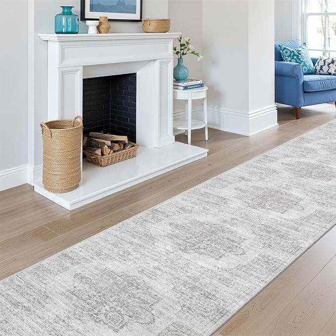 2x12 Runner Rug, Long Hallway Rugs for Dining Room, Living Room, Bedroom, Machine Washable Kitchen Carpet Runner with Rubber Backing, Soft Low Pile Indoor Rug(2'x12', Light Grey/White)