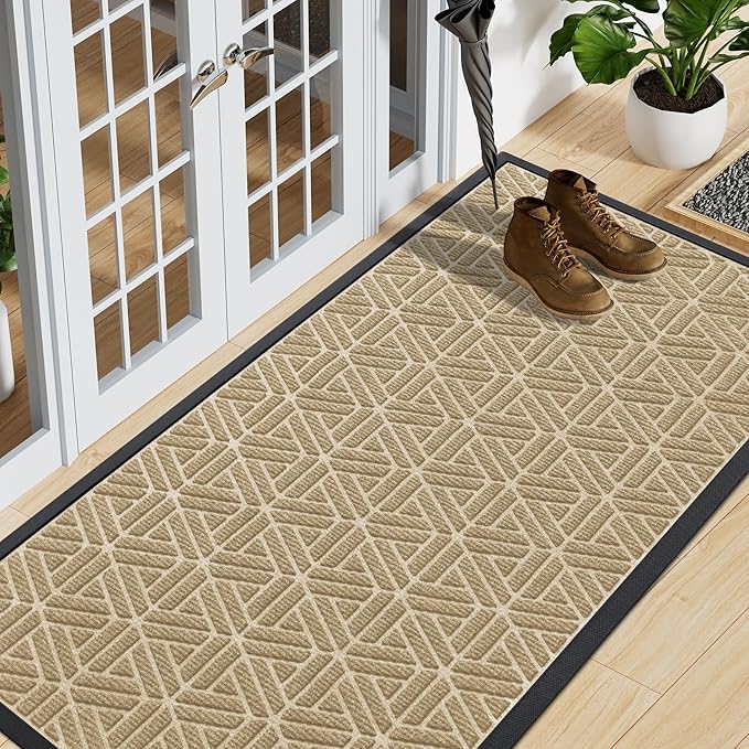 Smiry Front Door Mat Outside Entrance, Heavy Duty Sturdy Natural Rubber Doormat, Trap Dirt and Moisture, Easy Clean Low Profile Mats for Indoor Outdoor Entry, Grid Geometric (59x23, Beige)