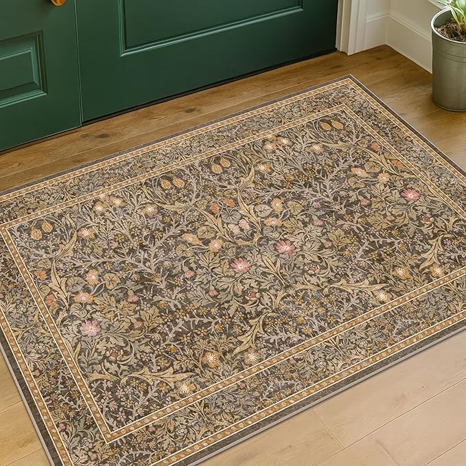 Brown Washable Entry Rug - Front Door Throw Rugs Indoor, Non-Slip Bathroom Small Rugs, Vintage Floral Thin Rug for Kitchen, Boho Earthy Entryway Décor (2x3 Gold Brown)