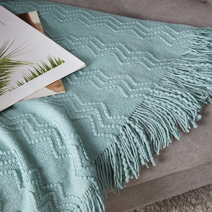 BOURINA Aqua Throw Blanket 50x60 Inches Throw Textured Solid Soft Sofa Couch Decorative Knit Blanket