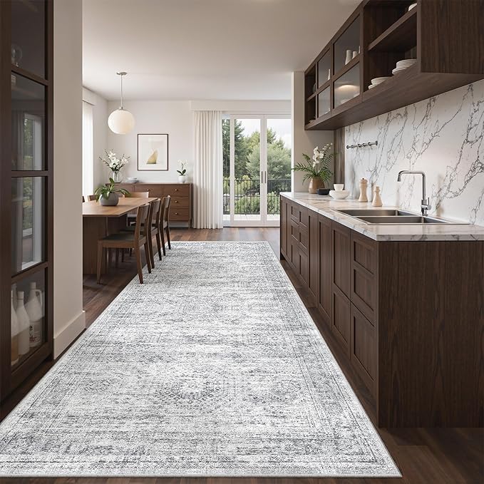 4x12 Runner Rug for Hallway, Low-Pile Wide Runner for Entryway, Long Washable Non-Slip Kitchen Rug, Soft Modern Home Decor Mat for Living, Laundry Room(4'x12', Grey/Ivory)