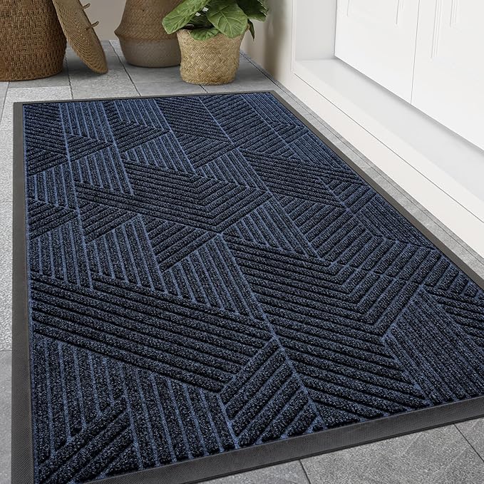 Smiry Front Door Mat Outside Entrance, Heavy Duty Sturdy Natural Rubber Doormat, Trap Dirt and Moisture, Easy Clean Low Profile Mats for Indoor Outdoor Entry, Irregular Triangle (59x20, Navy Blue)