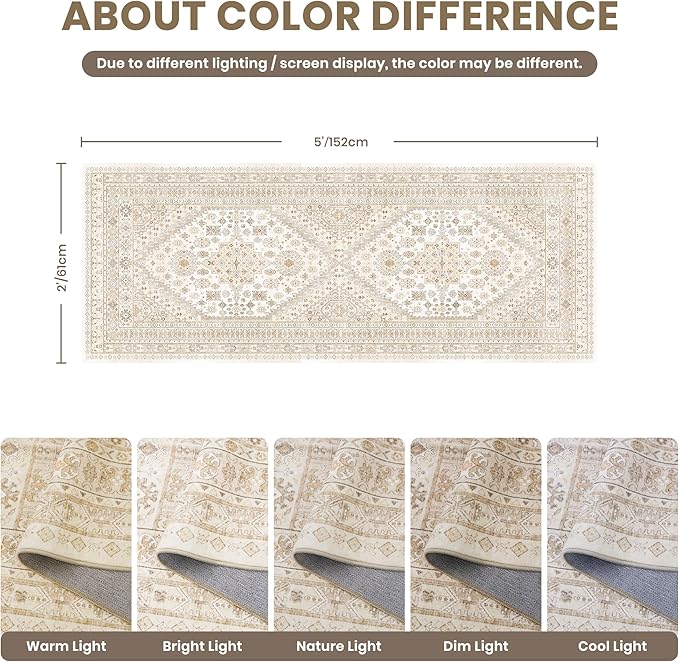 zesthome Runner Rug 2x5 - Stain Resistant Machine Washable Rug, Non Slip Vintage Hallway Runner Rugs, Low Pile Lightweight Runners for Kitchen, Entryway and Corridor
