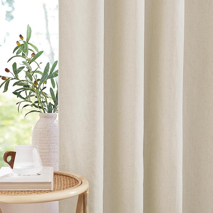NICETOWN Thick Linen 100% Blackout Bedroom Curtains 108 inches Long, Bronze Grommet 2 Layers with White Liner Window Treatments Sound Reducing for Living Room, Natural, W52 x L108, 2 Panels
