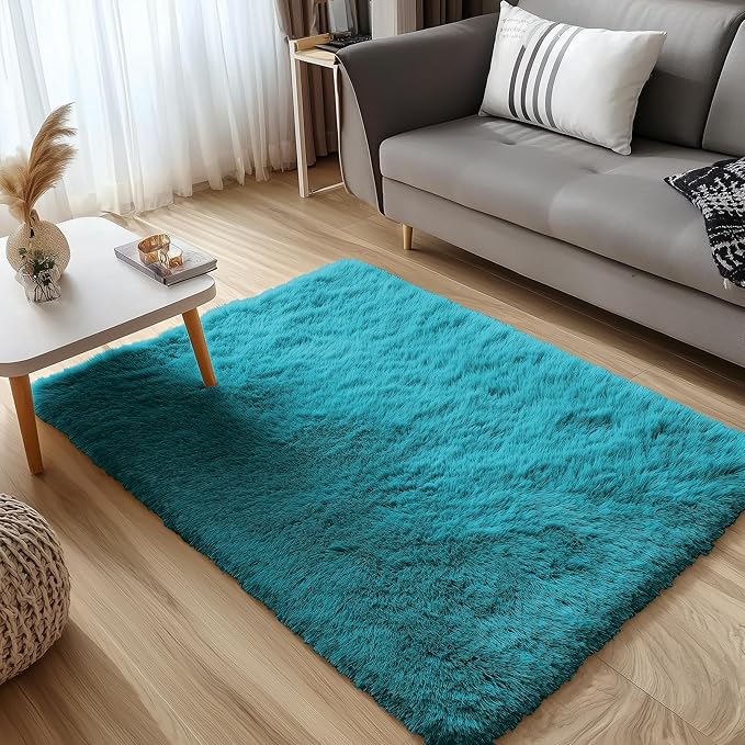 OLANLY 3x5 Machine Washable Small Bedside Rug, Soft Fluffy Shaggy Rugs for Living Room, Bedroom, Indoor Floor Carpet for Kids Girls and Boys, Preppy Dorms, Nursery, Home Decor Aesthetic, Teal