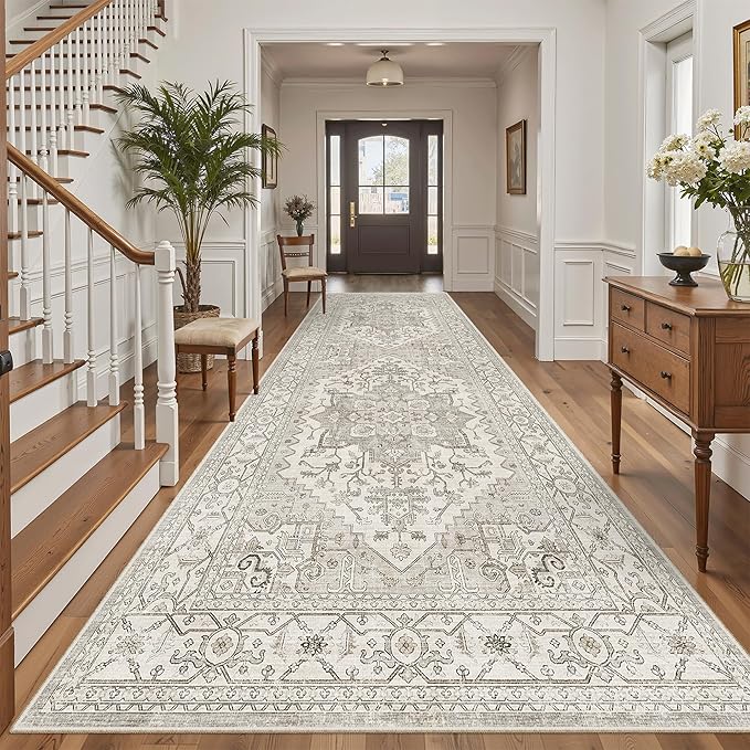 Madane 4x10 Wide Hallway Runner Rug: Washable Soft Rug Runners for Living Room Bedroom, Stain Resistant Low Pile Area Rugs Non Slip Floor Carpet for Ktichen (Beige/Brown, 4x10)