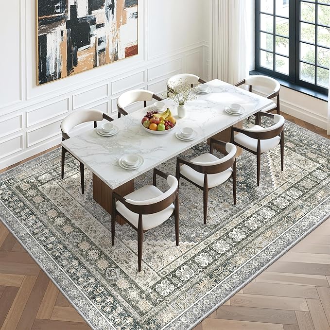zesthome 8x10 Area Rugs for Living Room,Non-Slip Backing Washable Rugs,Vintage Large Area Rug，Stain Resistant Home Decor Rug (Wheat/Charcoal,8'x10')