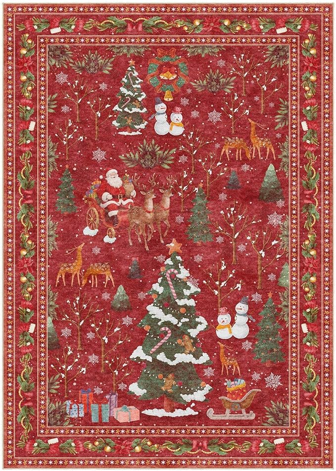UERMEI Christmas Area Rug Living Room Rugs: 5x7 Neutral Modern Washable Festive Soft Thin Non-Slip Indoor Carpet for Bedroom Dining Table and Home Office Holiday Decor - Red