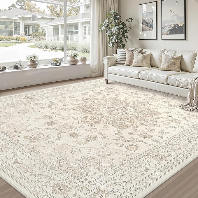 Area Rugs 9x12 Living Room: Vintage Boho Neutral Washable Rug Indoor Soft Large Area Rug Carpet for Bedroom Nursery Farmhouse Dining Room Office Floor Non-Slip Low Pile Under Table Rug Beige White