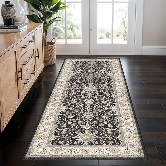 Washable 2x5 Entryway Runner Rug: Stain Resistant Carpet with Non Slip Backing for Kitchen Hallway Soft Low Pile Throw Mat for Floor Durable Indoor Mat for Living Room Bedroom Bathroom (Black, 2x5)