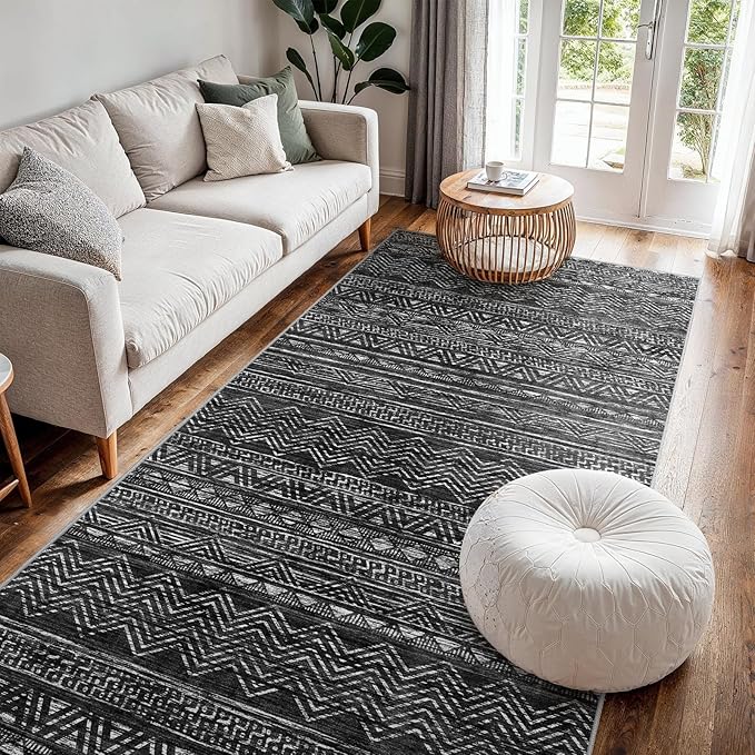 4x8 Washable Hallway Runner Rug：Moroccan Non-Slip Wide Runners for Entryway Kitchen Soft Modern Geometric Low-Pile Rugs for Living Room Thin Waterproof Carpet for Bedroom Bathroom Laundry(Black,4x8)