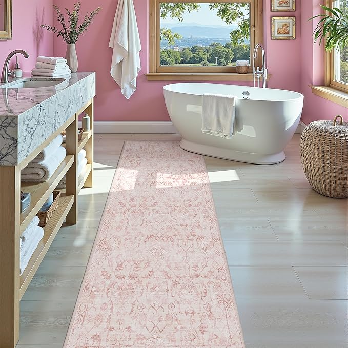 Area Rug Runner 3x7 Pink Ivory Floral Tufted Polyester