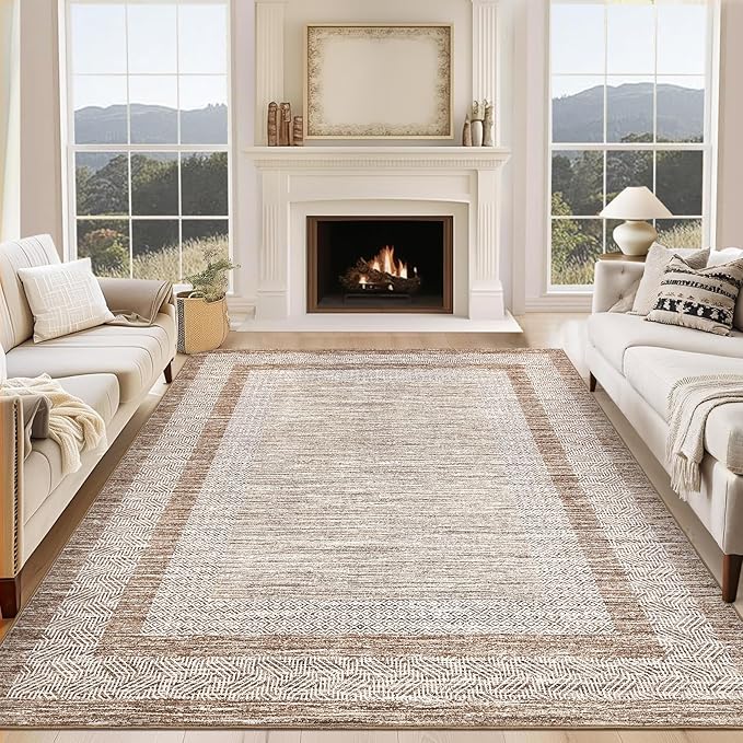 GarveeHome Modern Geometric Area Rug 5x7 Distressed Bordered Rug Washable Non Slip Floor Carpet Non Shedding Thin Rug, Soft Low Pile Rug, Contemporary Brown Rug for Dining Room, Living Room