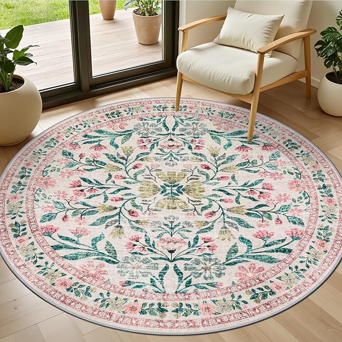 Round Area Rug for Living Room: 4 ft Floral Washable Circle Rug Soft Boho Non-Slip Carpet Indoor Stain Resistant Low Pile Small Circular Rug for Bedroom Entryway Kitchen Nursery Home Office Pink Green