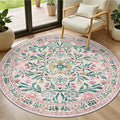 Round Area Rug for Living Room: 4 ft Floral Washable Circle Rug Soft Boho Non-Slip Carpet Indoor Stain Resistant Low Pile Small Circular Rug for Bedroom Entryway Kitchen Nursery Home Office Pink Green