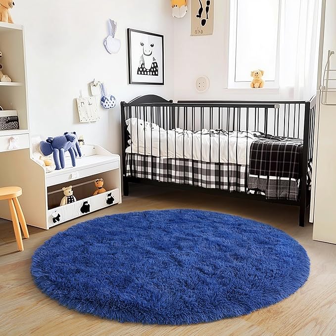 3'x3' Blue Round Rug for Bedroom, Ultra Soft Fluffy Circle Rug for Kids Girls Boys Room, Cute Small Shag Rugs for Living Room Playroom Teen Room Home Decor Rug