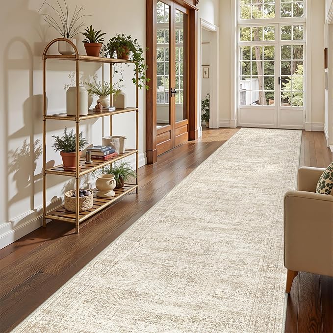 3x16 Washable Runner Rug for Hallway, Non-Slip Long Hallway Runner for Entryway, Soft Vintage Kitchen Mats for Floor, Abstract Dining Room, Bedroom, Living Room Rugs(3'x16', Beige/Ivory)