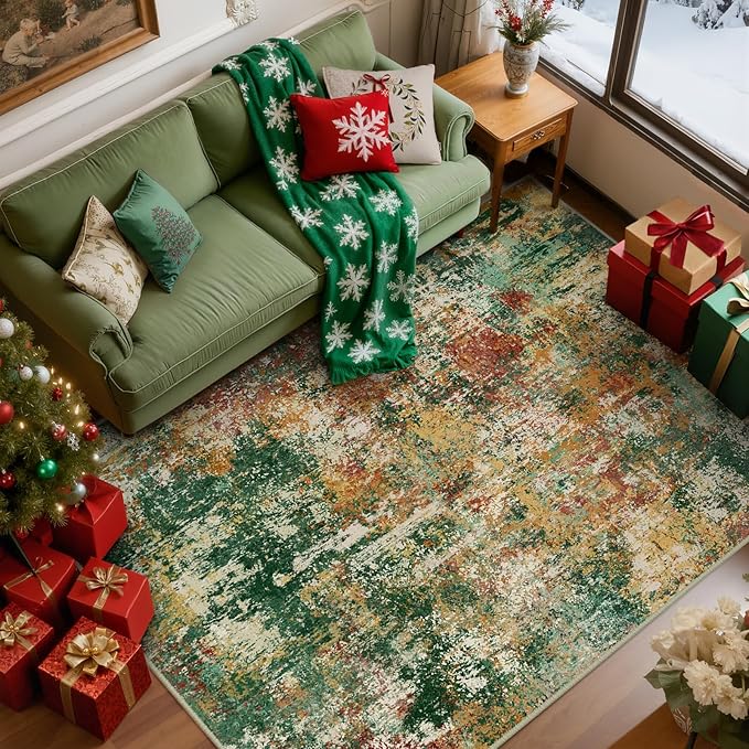 Washable Area Rugs 6'x9' Non-Slip Modern Abstract Soft for Living Room Entryway Bedroom Nursery, Print Pattern, Green Orange Rust Red Cream Colorful