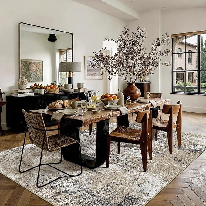 PureCozy 5x7 Abstract Area Rug Brown Washable Non Slip Living Room Carpet Modern Neutral Low Pile Ultra Soft Bedroom Throw Rug Contemporary Indoor for Kitchen Office Laundry Dining Room Bathroom