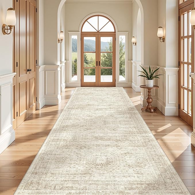 4x12 Runner Rug for Hallway, Low-Pile Wide Runner for Entryway, Long Washable Non-Slip Kitchen Rug, Soft Modern Home Decor Mat for Living, Laundry Room(4'x12', Beige/Ivory)