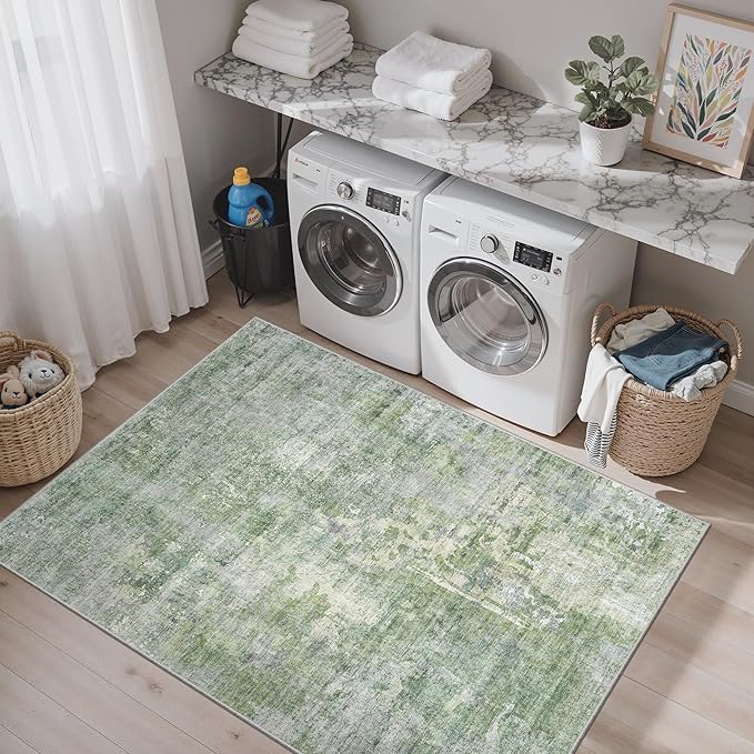Soalmost Area Rugs 4x6 for Living Room, Vintage Washable Rugs for Dining Room, Kitchen, Non-Slip Area Rug Green Ivory