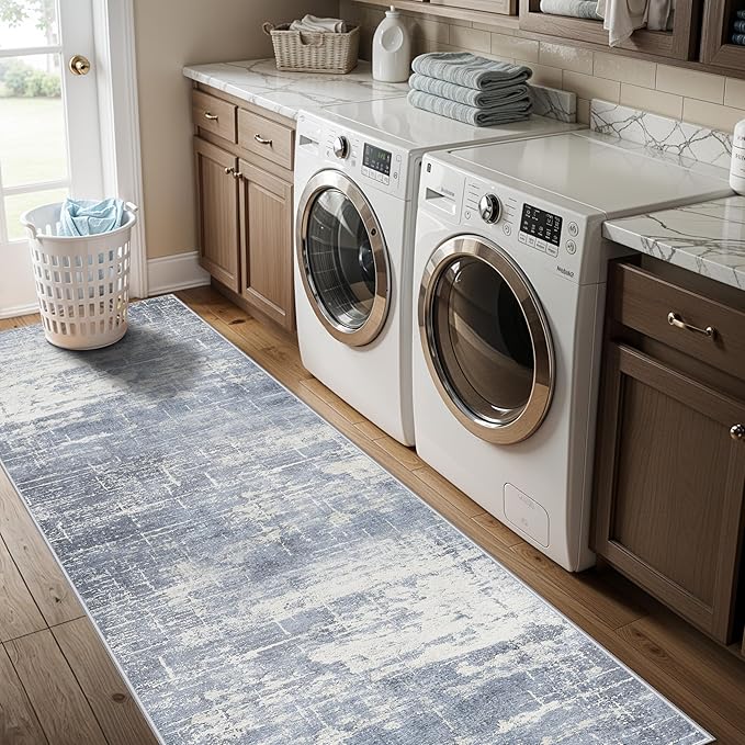 Hallway 2x8 Washable Runner Rug: Abstract Stain Resistant Kitchen Entryway Rugs Farmhouse Ultra Soft Bathroom Bedroom Print Floor Mat Thin Non-Slip Indoor Carpet for Living Room Laudry(2x8,Blue/ivory)