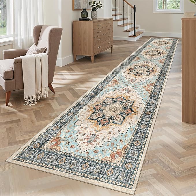 Madane Runner Rugs for Hallway 2x10 Long Washable Non-Slip Hallway Runner Rug Low-Pile Stair Kitchen Runner Soft Throw Carpet for Entrance Living Dining Laundry Room (Orange/Blue, 2 x 10)