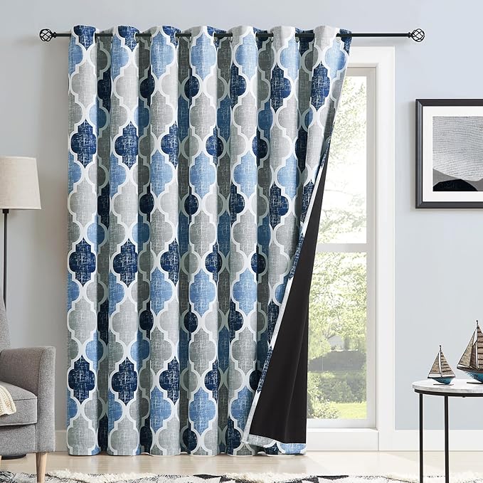 Beauoop 100% Blackout Curtains 84 Inches Long for Patio Sliding Door Blue Grey Extra Wide Moroccan Geo Room Darkening Thermal Soundproof Room Divider Grommet Window Treatment Drapes,100x84 Set of 1