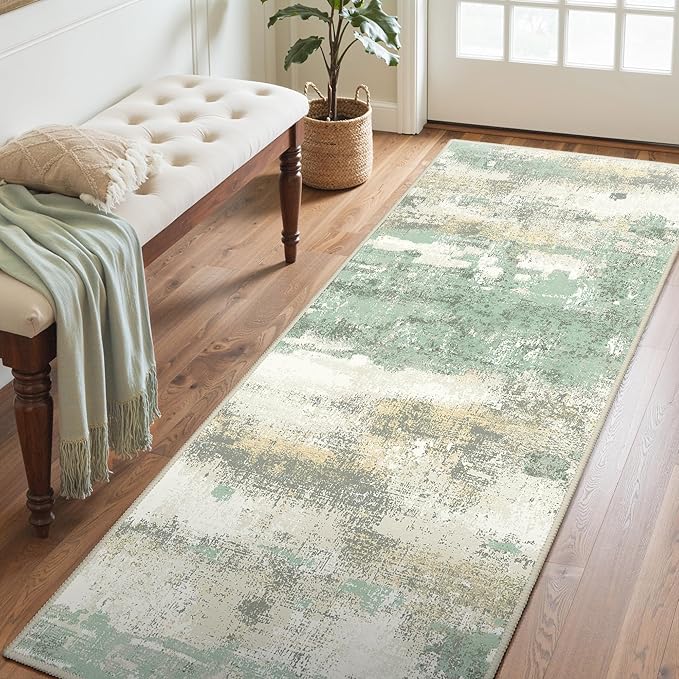 BEIMO Runner Rug for Hallway Kitchen, 2'6"x4' Machine Washable Runners Rug for Entryway, Soft Modern Abstract Throw Rugs, Low Pile Floor Cover with Non Slip Backing, Light Green