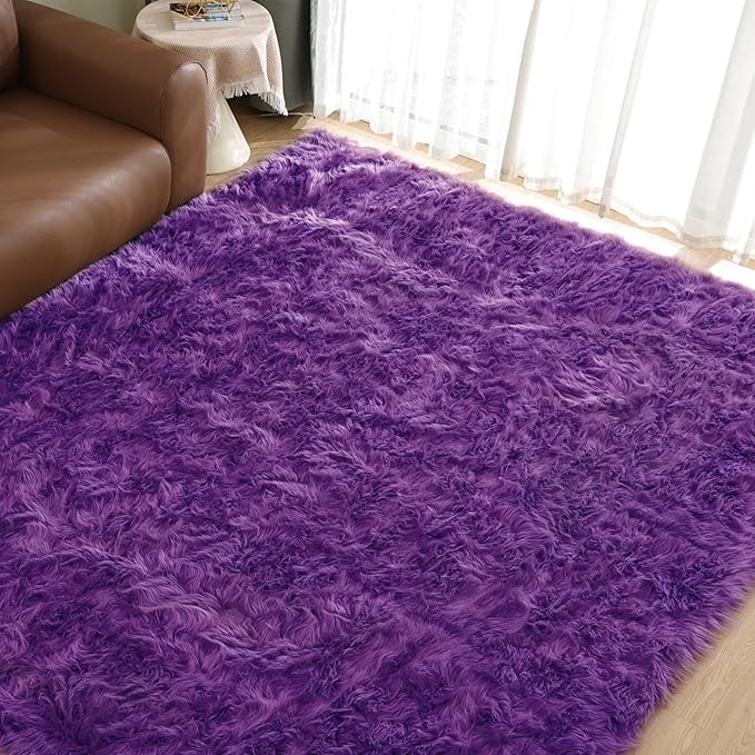 Goolela Purple Area Rug 9x12 Fluffy Fuzzy Furry Carpet for Bedroom Living Room Faux Sheepskin Fur Plush Rectangle