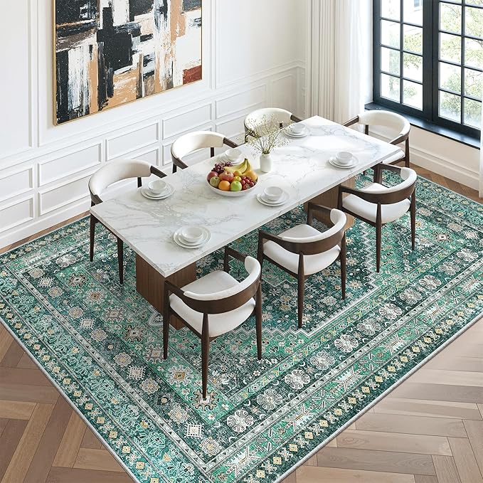 zesthome 8x10 Area Rugs for Living Room,Non-Slip Backing Washable Rugs,Vintage Large Area Rug，Stain Resistant Home Decor Rug(Green/Teal,8'x10')