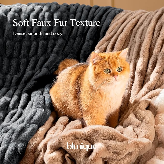 Ultra Soft Cozy Faux Fur Throw Blanket, Fuzzy Plush Thick Bubble Blanket, Oversize Luxury Fluffy Blanket for Couch, Sofa, Bedroom, and Living Room,50x60 Inches,Double Sided Charcoal Gray