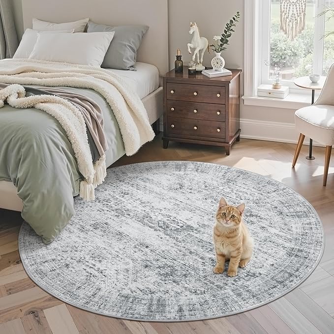 Soalmost 5x5 Grey Round Rug 5ft Living Room Circle Rug Vintage Gray Round Area Rug Non Slip Indoor Carpet for Entryway Dining Room Bedroom