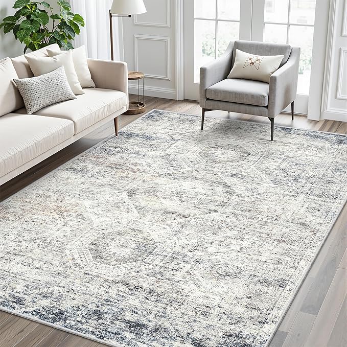 5x7 Area Rugs Blue Ivory Low Pile Indoor Washable Trendy Faded Style Rugs for Bedroom Living Room Dining Room Foldable Non-Slip Thin Print Mat