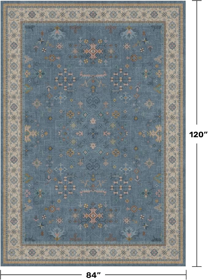 Hazo Haus Boho 7x10 Accent Area Rugs for Living Room - Dusky Blue Rug for Bedroom Under Bed, Dining Room Under Kitchen Table, Washable Soft Non Slip Unique Colorful Indoor Décor