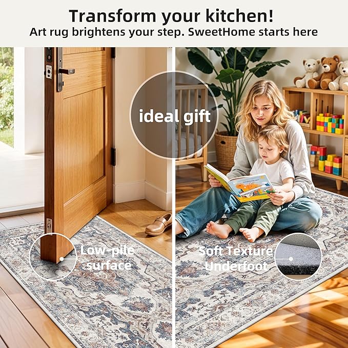 2-Piece Kitchen Runner Rug Set: Washable Non-Slip Floor Mats for Sink & Stove Cooking Area Soft Low Pile Water-Resistant Carpet for Dishwasher Fridge Fronts Durable Kitchen Island Mats(2x3+2x4,Brick)