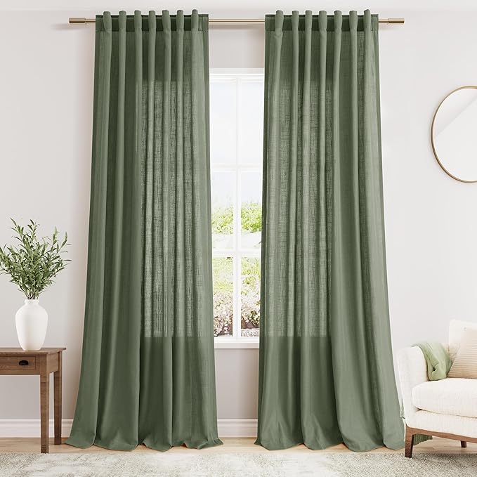 Olive Green Linen Curtains 120 Inch Extra Long for Living Room Back Tab Light Filtering Semi Sheer Drapes Modern Farmhouse Boho Decor Cotton Textured Curtain for Floor to Ceiling High Window 52x120
