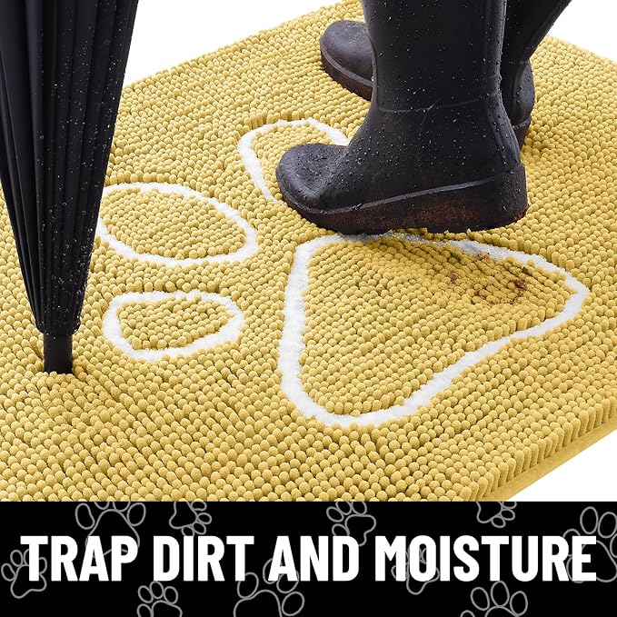 Smiry Dog Door Mat for Muddy Paws, Absorbent Dirt Trapper Non Slip Quick Dry Washable Chenille Mat for Mud Dogs, Entry Rug for Indoor and Outdoor (36x24 Inches, Yellow and White)